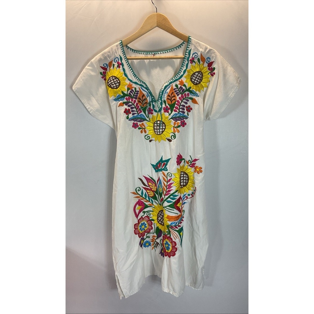 VTG Mexican Colorful Embroidered Tunic Coverup Mini Dress Size L Tie Back